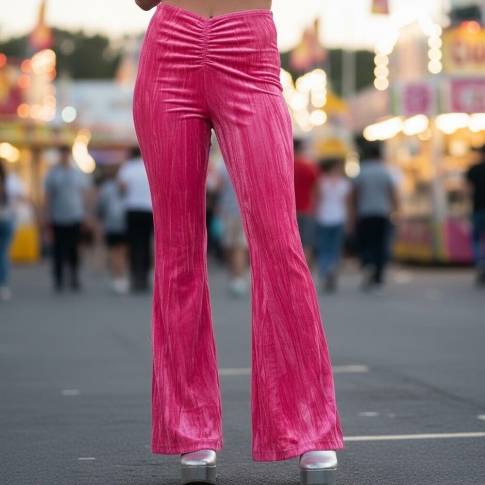 Urban Outfitters Pink Crushed Velvet Flare Pants Ruched High Rise Size M NWT Y2K